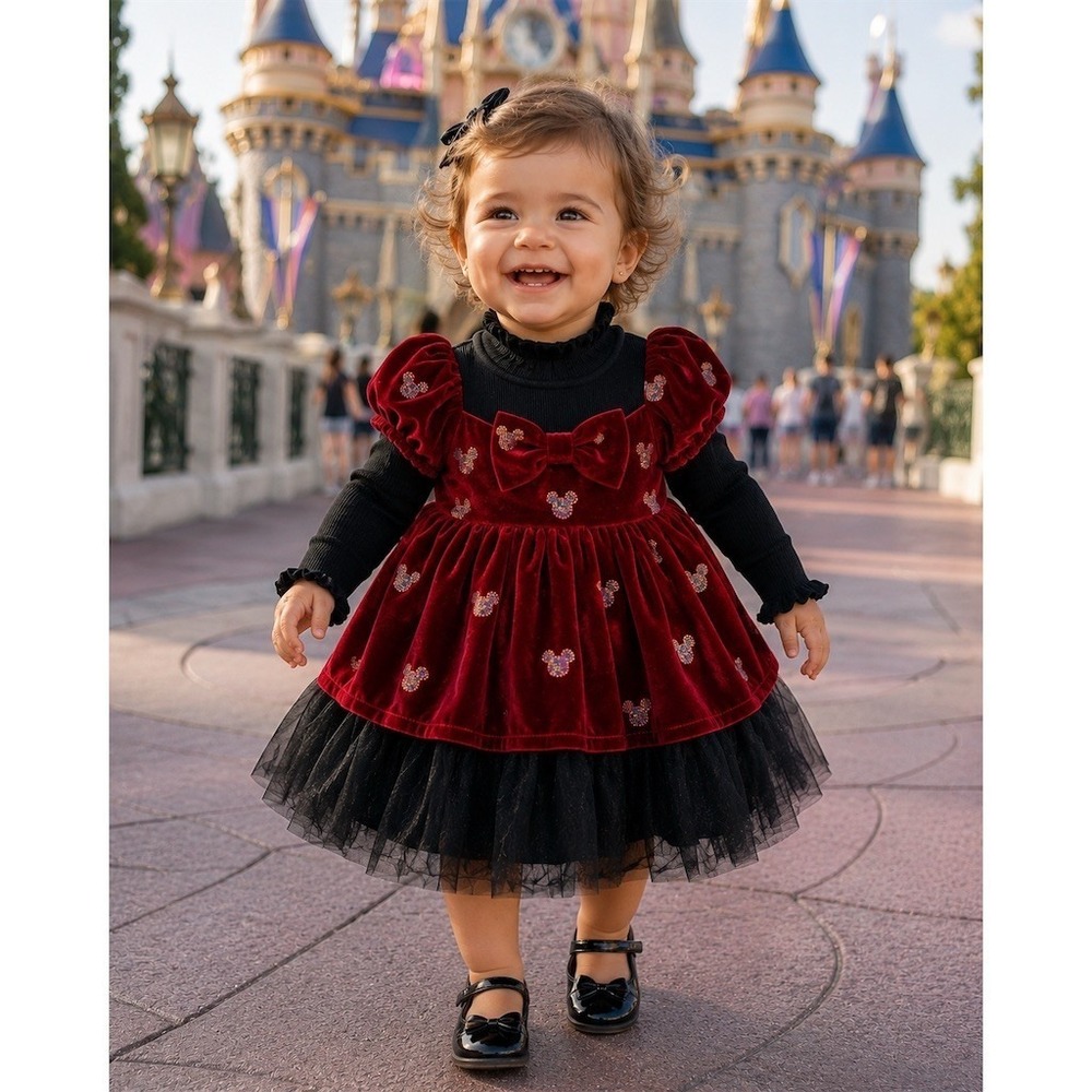 Disney Mickey Minnie Mouse Dress Girls 3T Red Sequin Christmas Party velvet luxe